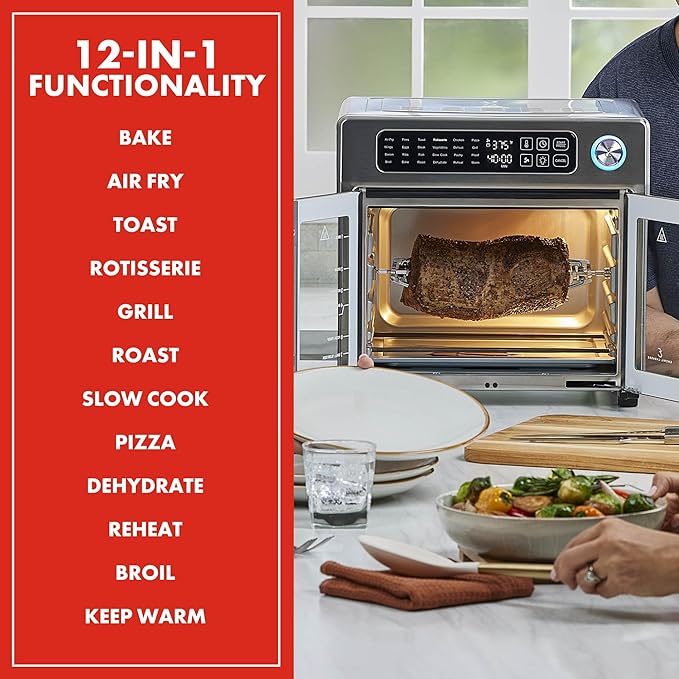 Emeril Lagasse Extra Large French Door Air Fryer Toaster Oven Combo 24 Cooking Functions and Digital Controls 7 Accessories Included Stainless Steel Finish 26QT Capacity