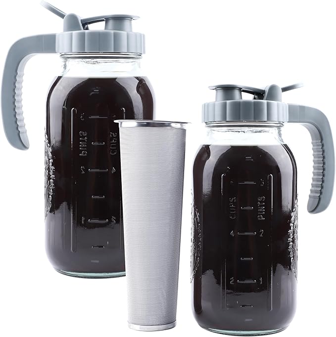 Cold Brew Coffee Maker 64 OZ 2 Pack Mason Jar Cold Brew Pitcher With Infuser 2 Quart Wide Mouth Iced Coffee Maker With Pour Spout Lid And Handle Half Gallon Airtight &amp Leakproof Pitcher For Fridge