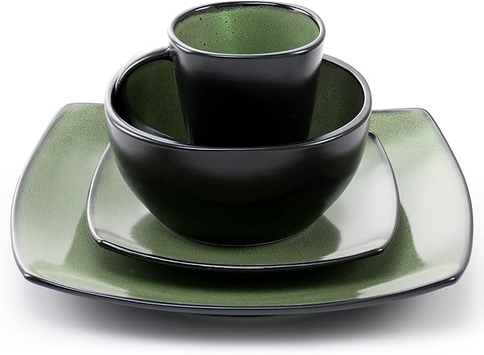 16pc Square Stoneware Dinnerware Set in Green Solid Casual 16 Piece Microwave Safe