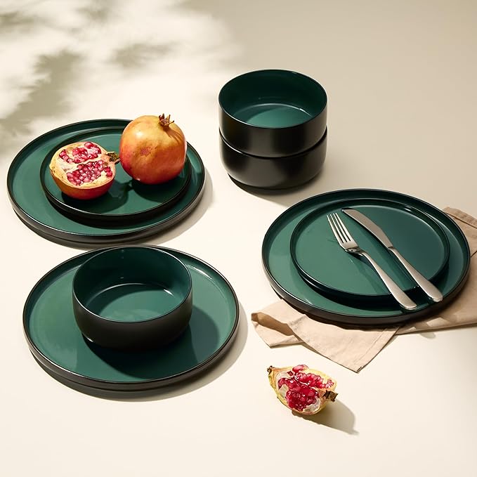 Dinnerware Set 12 Piece Service for 4 Vase and Vessel Ceramic 10.5” Dinner Plates 8.2” Salad Plates and 20 oz Bowls Stoneware Somerset Collection (Black/Jade)