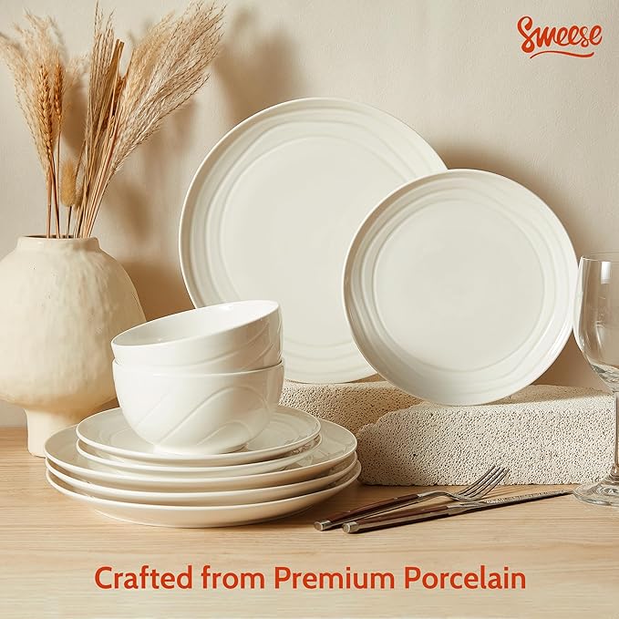 Sweese Porcelain Dinnerware Sets for 6 18 Pieces Ceramic Plates and Bowls Sets Handcrafted Minimalist Dinner Set Chip and Scratch Resistant Dish Set Dishwasher &amp Microwave Safe White