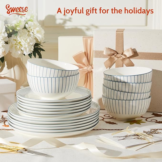 Sweese Lightweight Dinnerware Sets Plates and Bowls Set for 6 18 Pieces Stripe Dishes - Chip and Scratch Resistant Microwave and Dishwasher Safe Porcelain Dinner Sets Blue