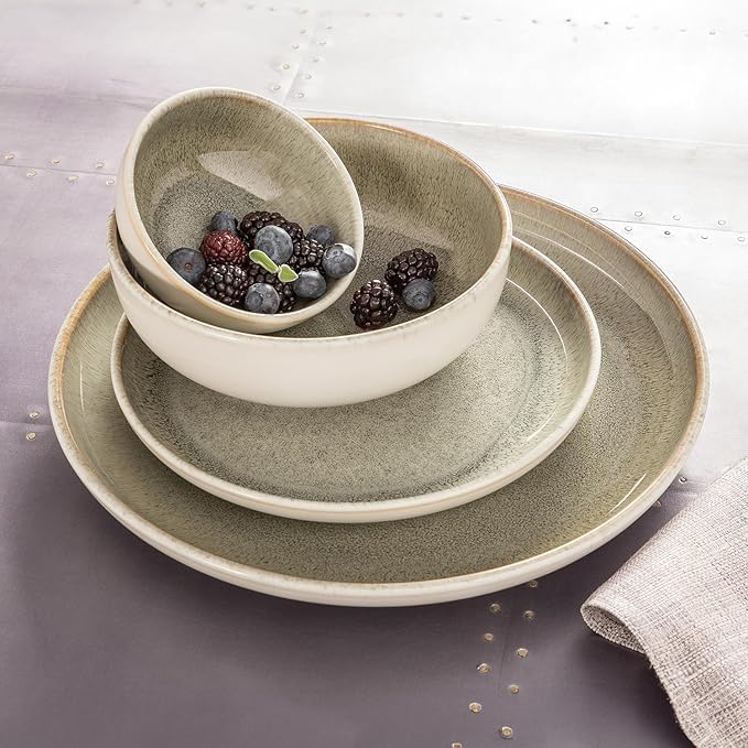 Sango Resona Moss 24-Piece Green Dinnerware Set – Service for 4 Plate Mug &amp Bowl Set Durable Stoneware with Reactive Glaze Finish for Everyday Dining &amp Entertainment Microwave &amp Dishw