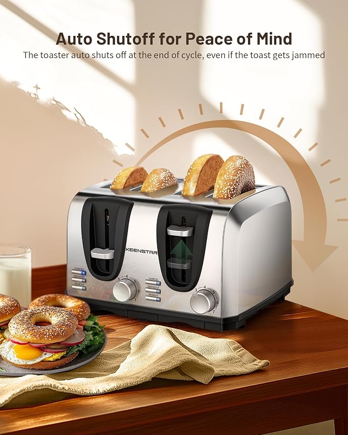 Toaster 4 Slice Keenstar Extra-Wide Slot Toaster with Dual Control Panels of Bagel/Defrost/Cancel Function 7 Toasting Bread Shade Settings Removable Crumb Trays Auto Pop-Up Stainless Steel