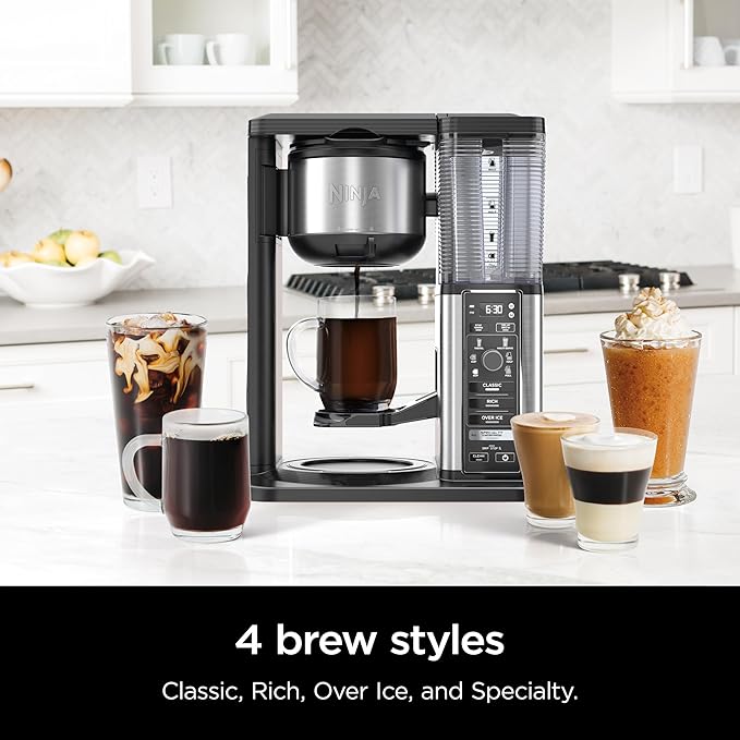 Ninja Specialty Coffee Maker Hot &amp Iced Coffee 6 Brew Styles 8 Sizes Small Cup to Travel Mug 10-Cup Carafe Fold-Away Frother Permanent Filter Removable Reservoir Black CM401