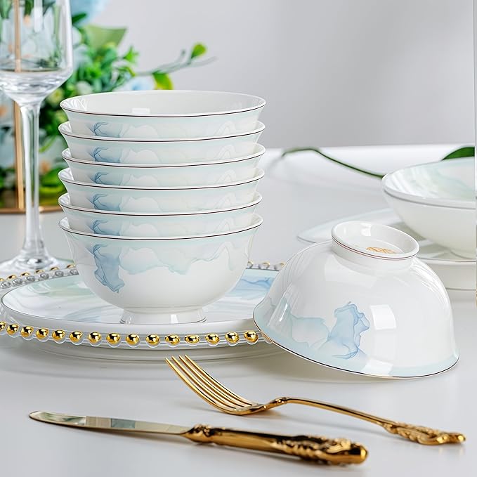 60 Pcs Fine Bone China Dinnerware Set Porcelain&ampCeramic Dinnerware SetsBone Stoneware&ampCeramic Cookware Tableware Set Includes Dinner Plates|Spoons|Pasta Bowls|Soup Pot|Chopsticks