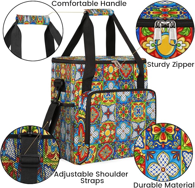 Ethnic Mexican Colorful Flowers Plaid Coffee Maker Carrying Bag Coffee Machine Travel Storage Tote Bag Compatible with K-Mini or K-Mini Plus Portable Single Serve Coffee Brewer Case with Pockets