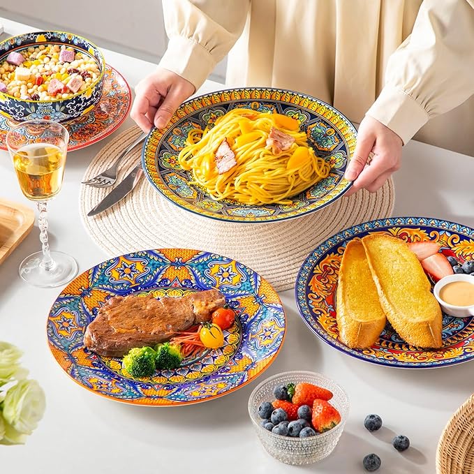 vancasso Colorful Dinner Plates Set of 6 10.5 Inch Ceramic Kitchen Plates for Dinner Bohemian Printed Dishes for Dining Microwave &amp Dishwasher Safe Plate Set Series KRVI