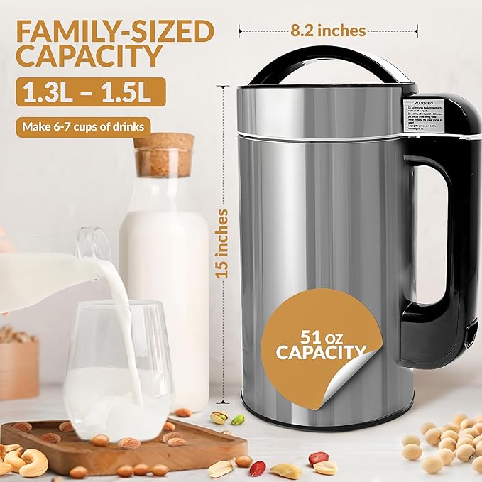 Crayton Nut Milk Maker Machine with Built-in Strainer 51oz/ 1.5L Stainless Steel Almond Milk Maker for Soy Almond Oat Cashew Nut Milks &amp More 7-in-1 Multi-Functional 6-7 Cups Per Batch 120V