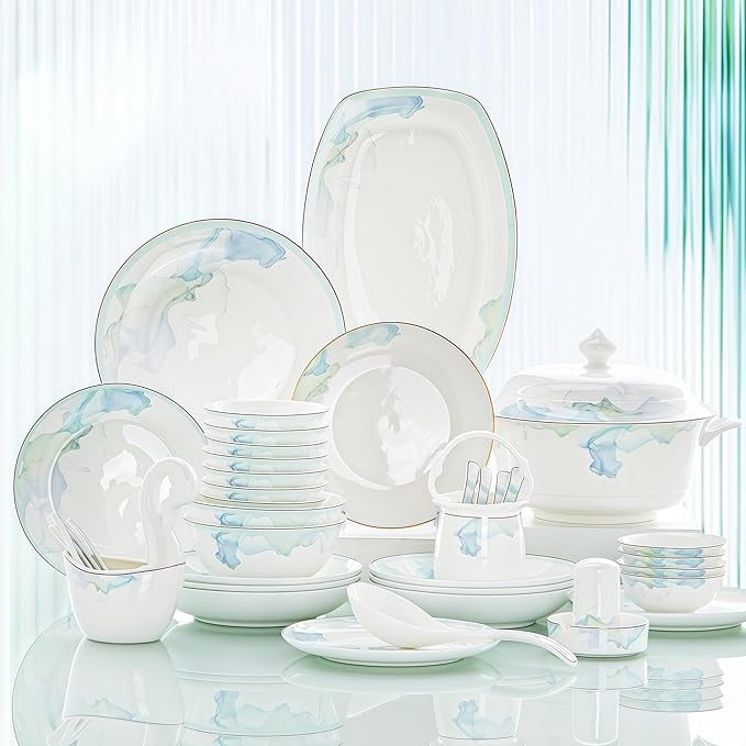 60 Pcs Fine Bone China Dinnerware Set Porcelain&ampCeramic Dinnerware SetsBone Stoneware&ampCeramic Cookware Tableware Set Includes Dinner Plates|Spoons|Pasta Bowls|Soup Pot|Chopsticks