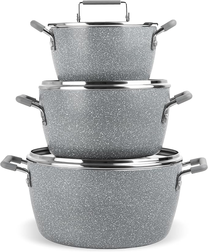 Granitestone Gray Pots and Pans Set Nonstick 6 Stackable Piece Cooking Pots Set Kitchen Pots Non Stick Coating 5qt 3qt &amp 1.5qt Pots with Lids Stay Cool Handles Dishwasher Safe 100% Toxin Free