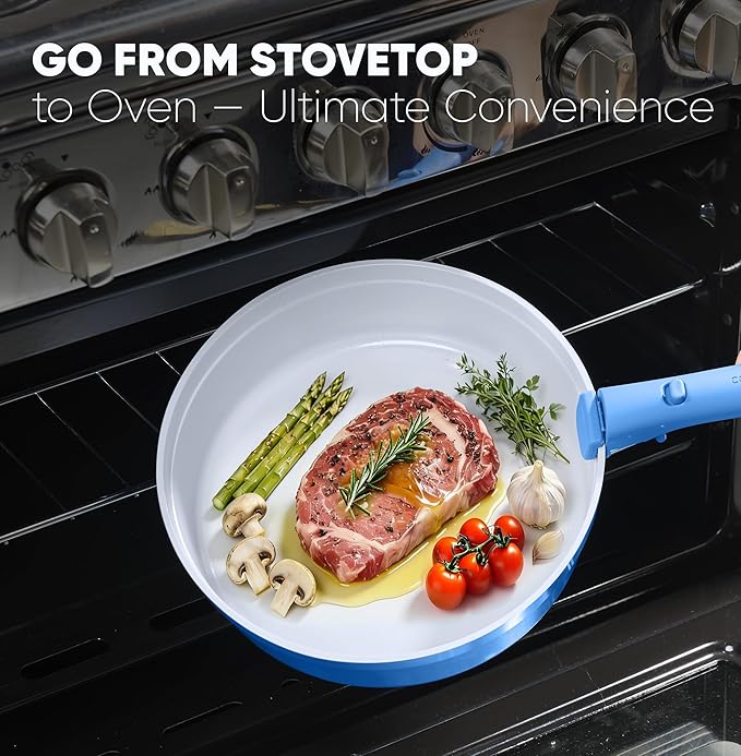 CAROTE 9pcs Pots and Pans SetCeramic Cookware Sets Non Stick with Detachable Handle Induction Kitchen Pots and PansRV Cooking Set Oven/Dishwasher/Fridge Safe Malta Blue