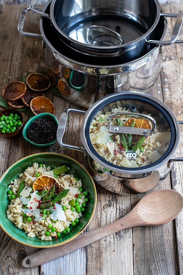 ELO Induction Cookware Set Stainless Steel Ceramic and Gas with Measuring System and Measuring Scale Diameter 160 x 10.5 cm Diameter 20 x 12.5 cm and Diameter 24 x 15.5 cm Set of 3