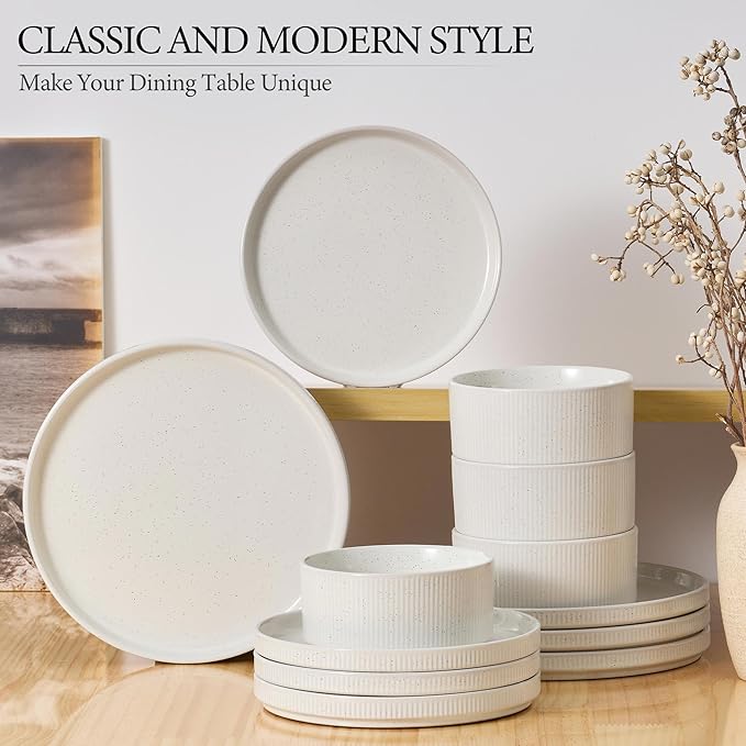 E-far 12-Piece Plates and Bowls Sets with 35oz Pasta Bowls Set of 4 Stoneware Dinnerware Dishes Sets Kitchen Modern Dining Dishware Speckled White