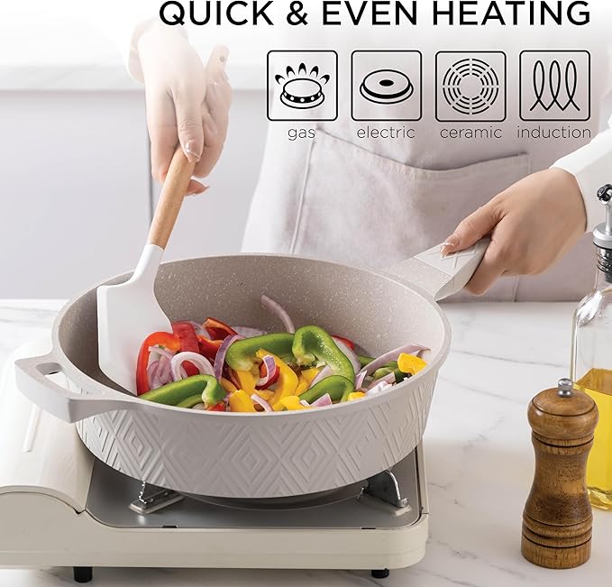 Country Kitchen Non-Stick Cast Aluminum Cookware Set - Durable Kitchen Cookware for Everyday Cooking Cream Rhombus 11 Pc.