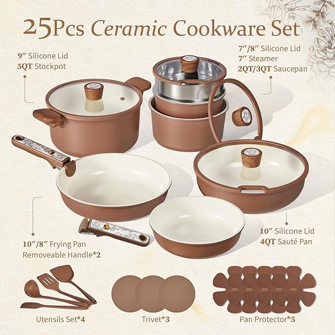 CAROTE 25-Piece Ceramic Cookware Set Nonstick Pots and Pans Set with Detachable Handle Non-Toxic Kitchen Cooking Set Dishwasher &amp Oven Safe Induction Compatible PFAS Free Chocolate