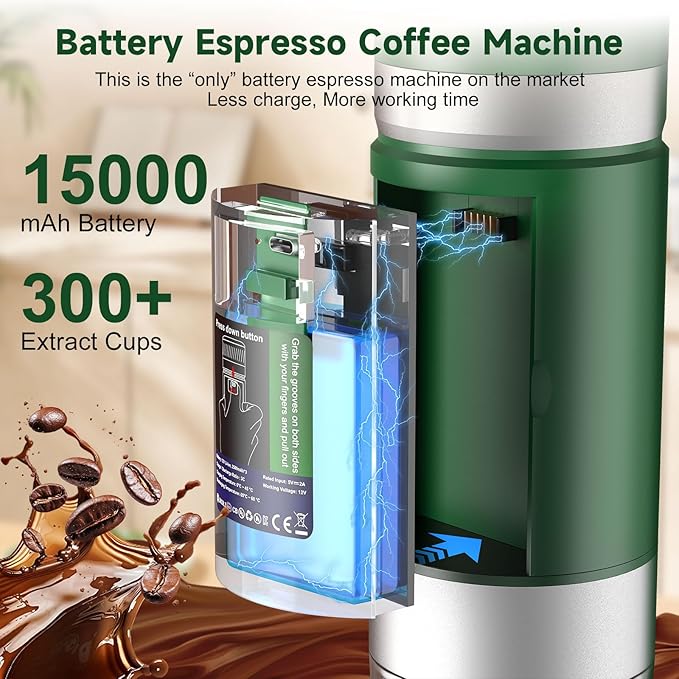 Portable Espresso Machine with Removeable Battery 20 bar Mini Travel Coffee maker Expresso Maker with USB-C3-in-1 Car Coffee Maker Self-Heating Ground Coffee &amp Capsule(Ns&ampDG)