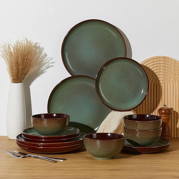 Stoneware Dinnerware Sets 12-Piece Ceramic Plates and Bowls Sets for 4 Sage Green Microwave and Dishwasher Safe 10 Inch Dinner Plates 8.2 Inch Salad Plates 5.4 Inch Bowls