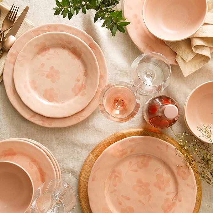 Bloomhouse - 2 Time Oprah's Favorite Things - Made in Portugal Hand Painted Dinnerware Set - Porto Petals 12 Piece (Service for 4) Floral Plates and Bowls Set - Blush Pink