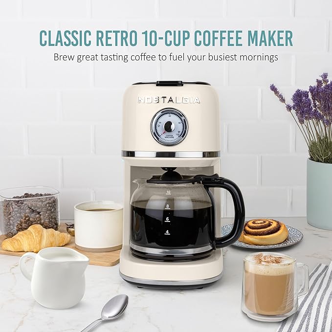 Nostalgia Classic Retro 10 Cup Coffee Maker - One-Touch Drip Brew Reusable Filter - Anti-Drip Auto Shutoff &amp Time Display - Dishwasher Safe 50 oz Carafe - Cream