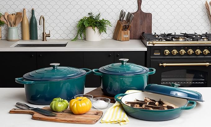 Larder &amp Vine 9 Piece Enameled Cast Iron Cookware Set Oven Safe and Compatible with all Cooktops – includes 3.6 Qt Braiser 5.7 QT and 8 QT Dutch Ovens 10.25in Skillet and 2.2 QT Saucepan (Bondi