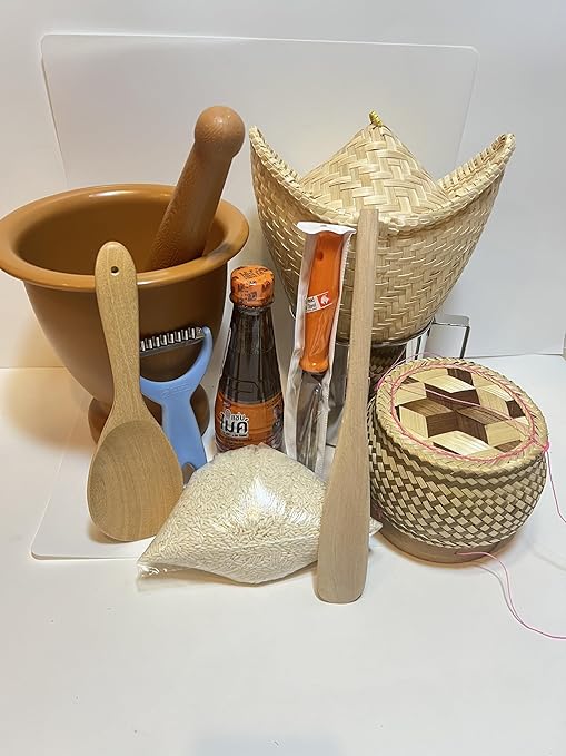 Large Thai Food Preparation Set Traditional Cooking Kit with Rice Steamer Mortar and Pestle Fish Sauce Rice Wooden Utensils Woven lids