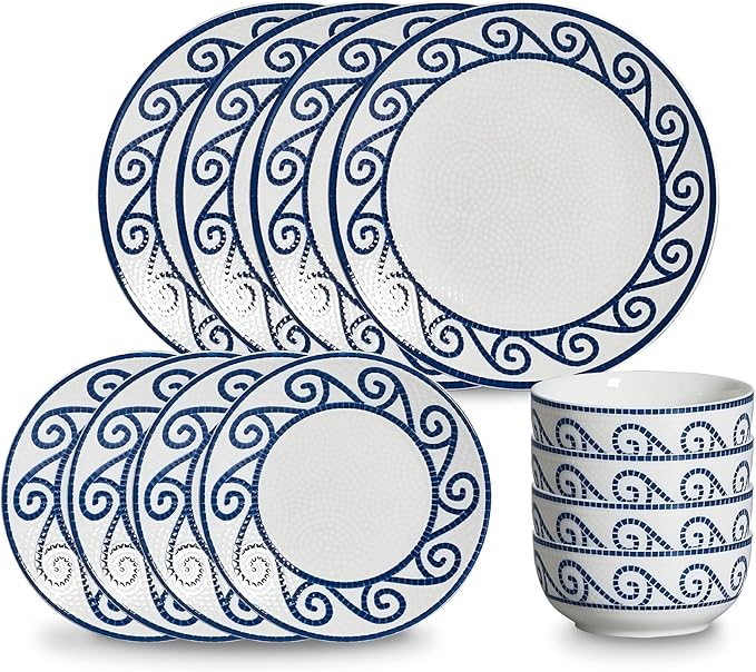 12-Piece Dinnerware Set for 4 Stoneware Kitchen Plates &amp Bowls Set Coastal Dinnerware Sets Microwave &amp Dishwasher Safe Scratch Resistant Vintage Dishware Set for Everyday Use &amp Family