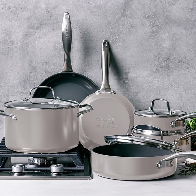 GreenPan Canterbury 10 Piece Cookware Pot and Pans Set Hard Anodized PFAS-Free Healthy Ceramic Nonstick Stainless Steel Handles Versatile Cooking Essentials Dishwasher &amp Oven Safe Clay