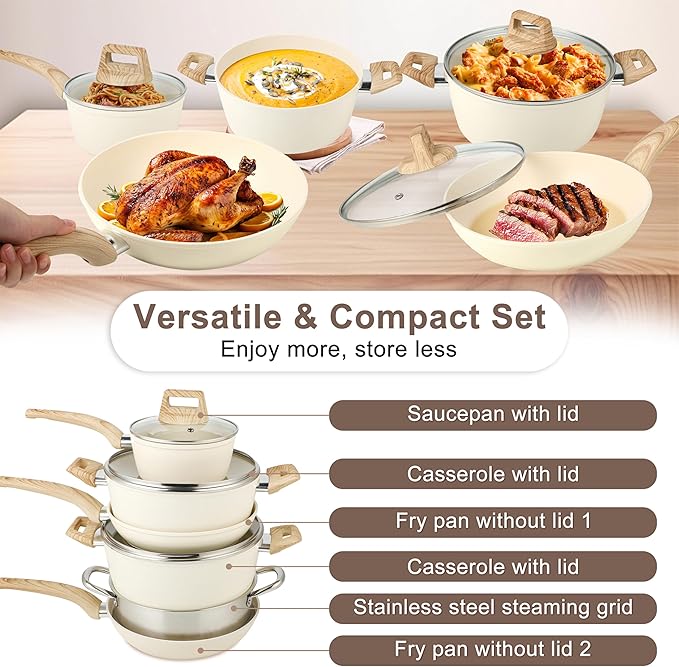 FAB&ampDELUXE 11Pcs Nonstick Cookware Set Aluminum Nonstick Pots and Pans with Lids &amp Wooden Handles Silicone Spoons &amp Spatulas Non-toxic Healthy Kitchen Cooking Sets PFAS &amp PFOA Free