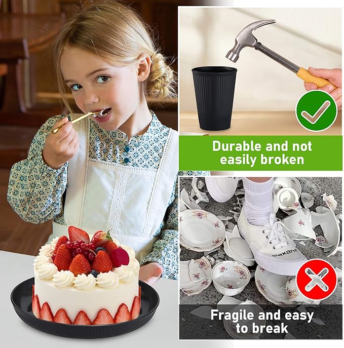 Wheat Straw Dinnerware Sets Kitchen Unbreakable Wheat Straw Plates and Bowls Sets for College Dorm Apartment Reusable Black 12pcs