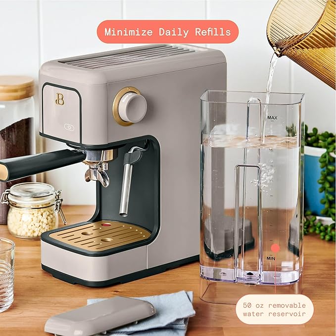 B Slim Espresso Maker by Drew Barrymoree with 20-Bar Pressure Touch-Activated Display and Steam Wand for Latte &amp Cappuccino (Porcini Taupe)