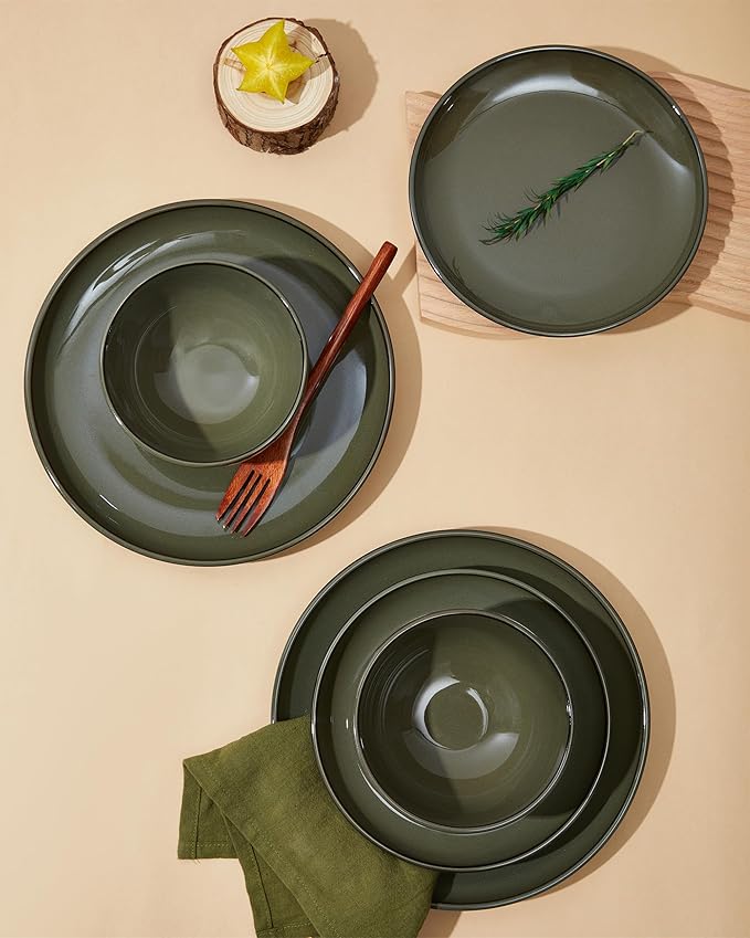 Santorini Mist Terracotta Reactive Glaze Plates and Bowls Sets Stoneware Dinnerware Sets Microwave and Dishwasher Safe Ceramic Dish Set Service for 4 Blackish Green