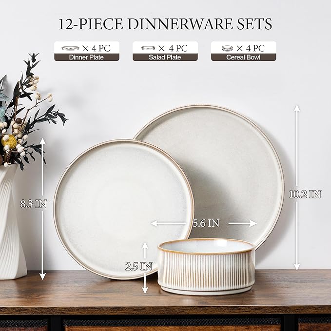 E-far 12-Piece Plates and Bowls Sets with 35oz Pasta Bowls Set of 4 Stoneware Dinnerware Dishes Sets Kitchen Modern Dining Dishware Creamy Beige