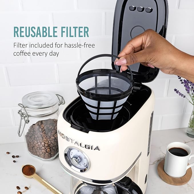 Nostalgia Classic Retro 10 Cup Coffee Maker - One-Touch Drip Brew Reusable Filter - Anti-Drip Auto Shutoff &amp Time Display - Dishwasher Safe 50 oz Carafe - Cream