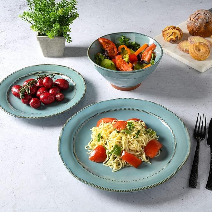12-Piece Terracotta &amp Stoneware Dinnerware Set – Hand-Painted Artisanal Plates &amp Bowls Reactive Glaze Finish Dishwasher &amp Microwave Safe (Teal)