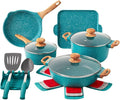 14-Piece Cast Aluminum Cookware Set with Lids Utensils and Pan Protectors – Nonstick Interior &amp Speckled Exterior – Teal Speckle