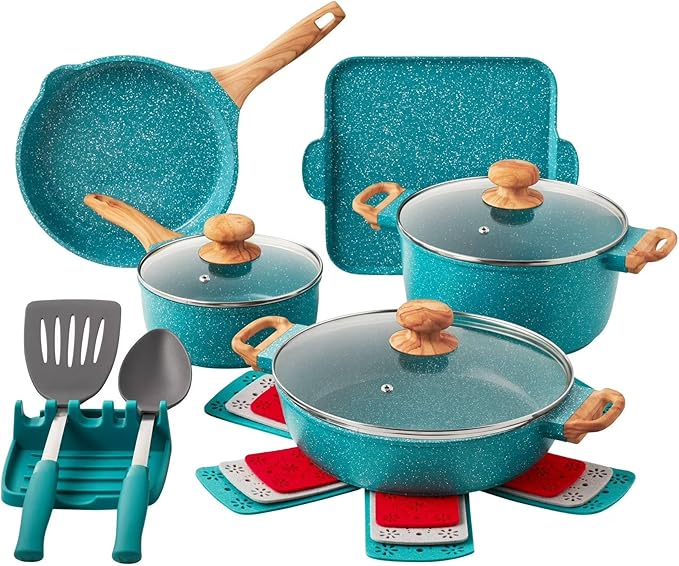 14-Piece Cast Aluminum Cookware Set with Lids Utensils and Pan Protectors – Nonstick Interior &amp Speckled Exterior – Teal Speckle