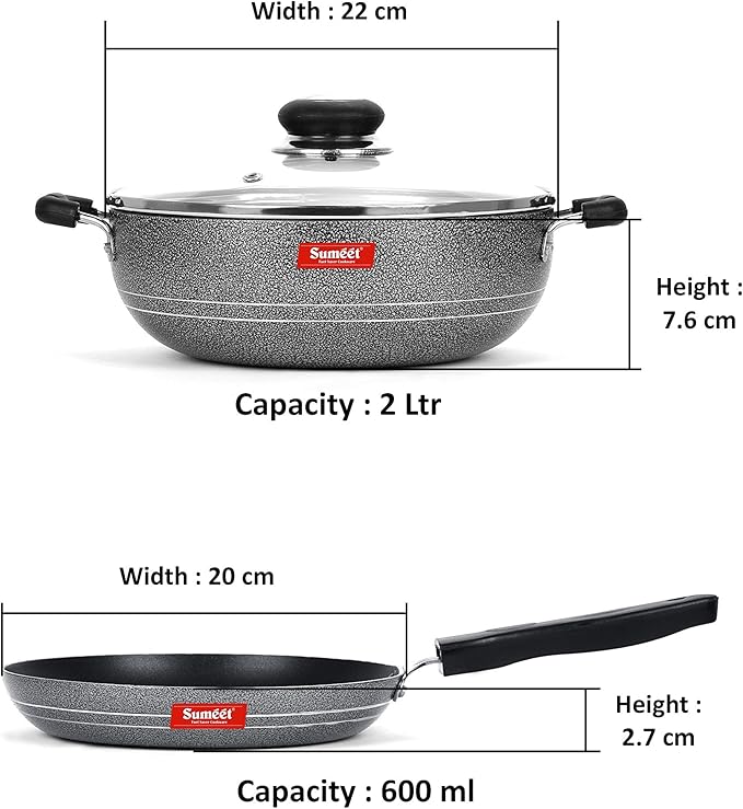 SUMEET Aluminium NonStick Kumush Cookware Set (Silver Kadhai with Glass Lid -2Ltr - 22Cm Tapper pan - 0.6Ltr - 20Cm Dia)