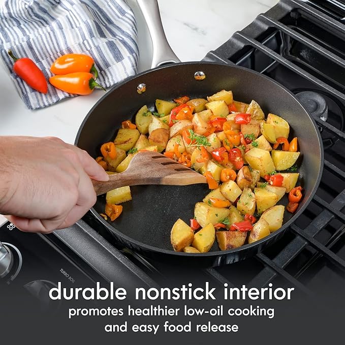10 Piece Aluminum Nonstick Cookware Set with Lids and Wood Utensils Scratch Resistant Pots and Pans for Cooking