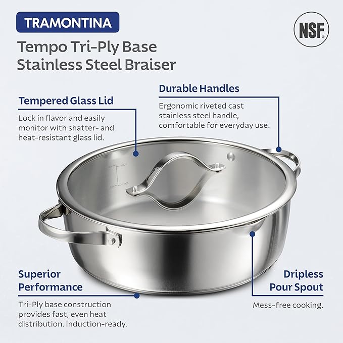 Tramontina Tempo Tri-Ply Base Stainless Steel 6-Quart Braiser Pan with Glass Lid Induction-Ready Oven-Safe Dishwasher-Safe