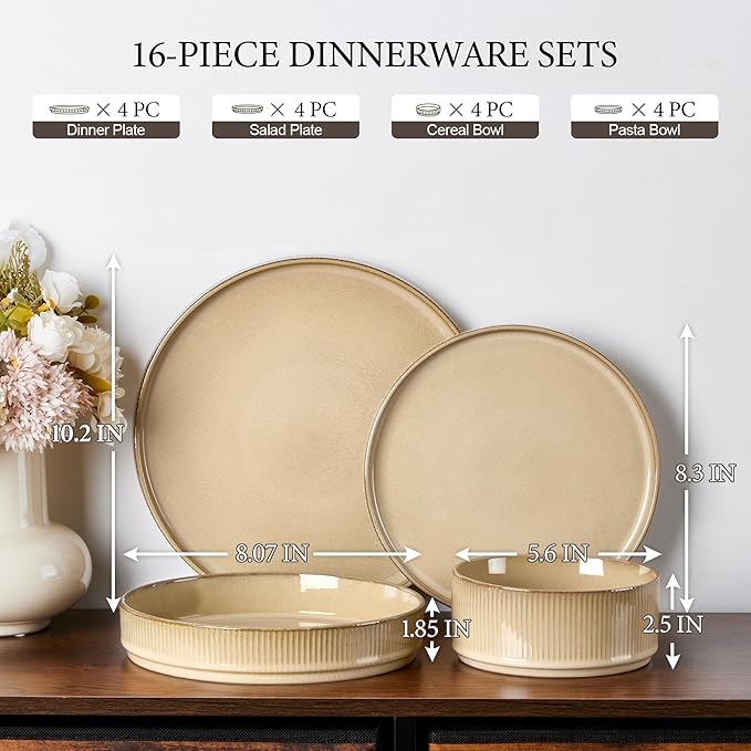 E-far 16 Piece Dinnerware Sets Plates and Bowls with Pasta Bowls Service for 4 Modern Stoneware Ribbed Dishes for Kitchen Dining Microwave &amp Dishwasher Safe Caramel Khaki