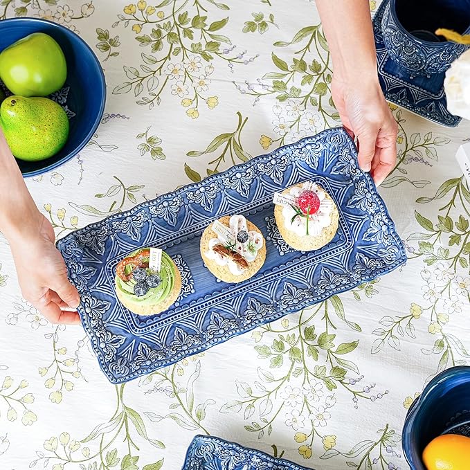 Sungmor Embossed Stoneware Fine Dining Dinnerware Antique Baroque Style 14 Long Rectangular Porcelain Serving Platter Set of 2 Sophisticated Ceramic Dish for Party Cookies Fruit Cheeses &amp Des