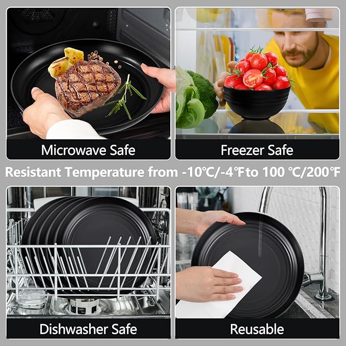 LIYH 24 Pcs Black Wheat Straw Dinnerware Sets Unbreakable Plates and Bowls Set Plastic Dinnerware Set Include Wheat Straw Plates Bowls Cups Dishes for Kitchen&amp Camping