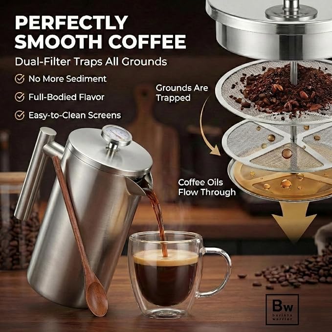 Barista Warrior French Press Coffee Maker Stainless Steel with Built-In Thermometer - Insulated Double Wall Design Dual Filter System Stay-Cool Handle &amp Wood Spoon - Silver