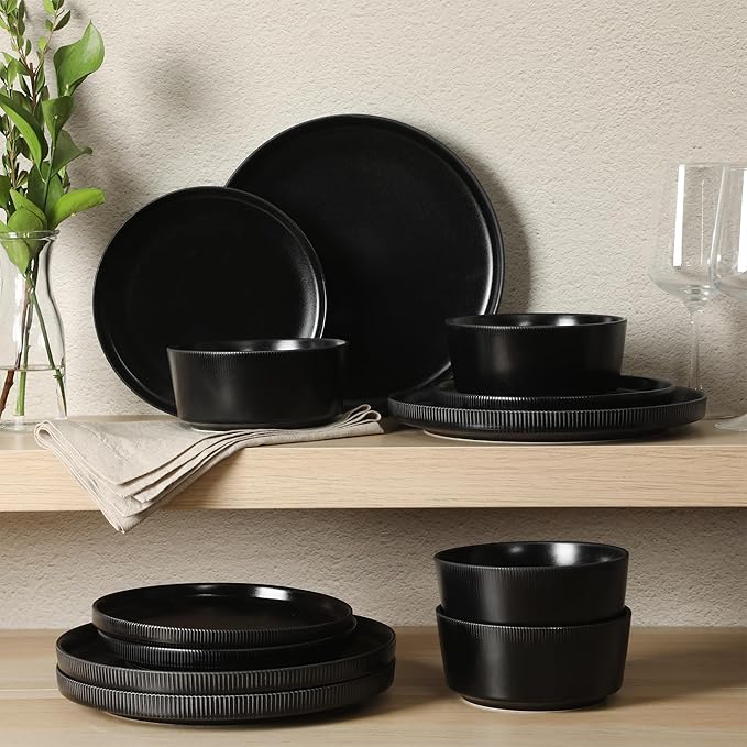 Gibson Home Dempsey Road 12-Piece Stoneware Dinnerware Set – Service for 4 Round Black Plates and Bowls Durable Solid Color Modern Embossed Dish Set Microwave &amp Dishwasher Safe