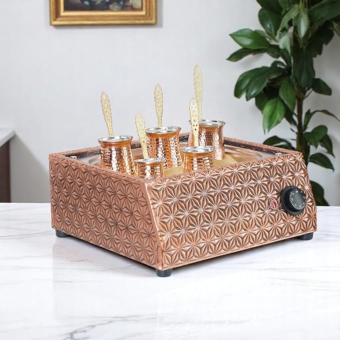 Traditional Handcrafted Copper Sand Coffee Maker Machine – With 5-Pots – 1000 Watt 110 Volt – Authentic Turkish Coffee Experience
