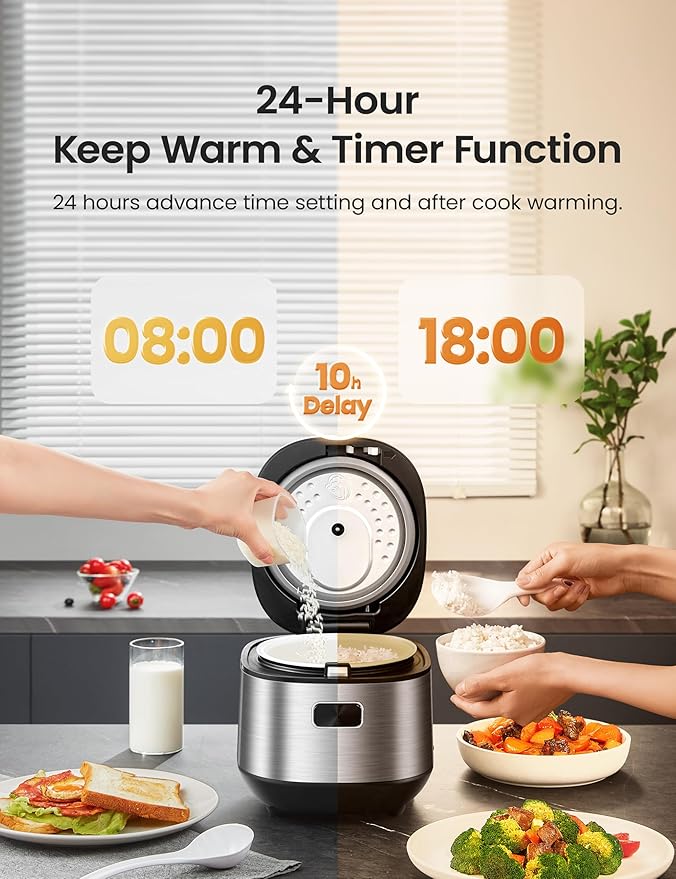 COMFEE' Compact Rice Cooker 8 Cups Cooked/4 Cups Uncooked 9-in-1 Multi Cooker Fast Rice Maker Steam Brown Rice Grains Fuzzy Logic Technology Grey