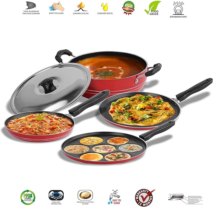 Sumeet 2.6mm Thick Non-Stick Rossu Cookware set (Dosa Tawa – 26.5cm Dia + Multi snack maker – 26.5cm Dia + Kadhai With Lid – 1.5Ltr capacity- 20cm Dia + Tapper pan – 20cm Dia)