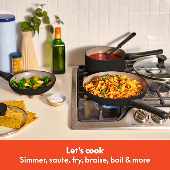 bella 12 Piece Cookware Set with EverGood™ Ceramic Nonstick Coating Dishwasher &amp Oven Safe All Stovetops Compatible Tempered Glass Lids and Cool Touch Handles Black