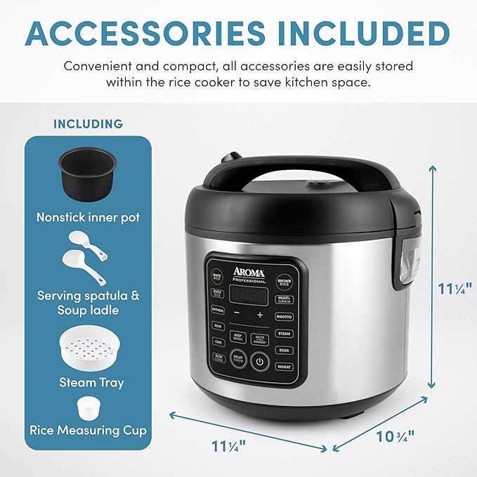 AROMA Professional Digital Rice Cooker 10-Cup (Uncooked) / 20-Cup (Cooked) Multicooker Slow Cooker Steamer Oatmeal Cooker Egg Cooker STS 5 Qt Black ARC-5200SB